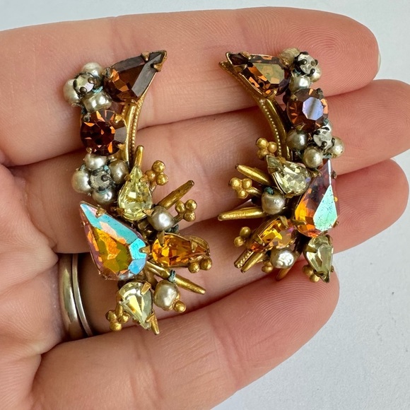 Vintage Originals By ROBERT Earrings Clip On Ear Climber AB Crystal Pearl Signed - Picture 2 of 10